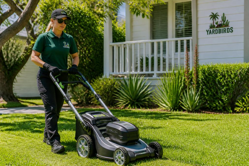 Professional operator using modern electric lawn mowing equipment on a residential property, showcasing zero-emission technology in action on a sunny day with well-maintained green grass