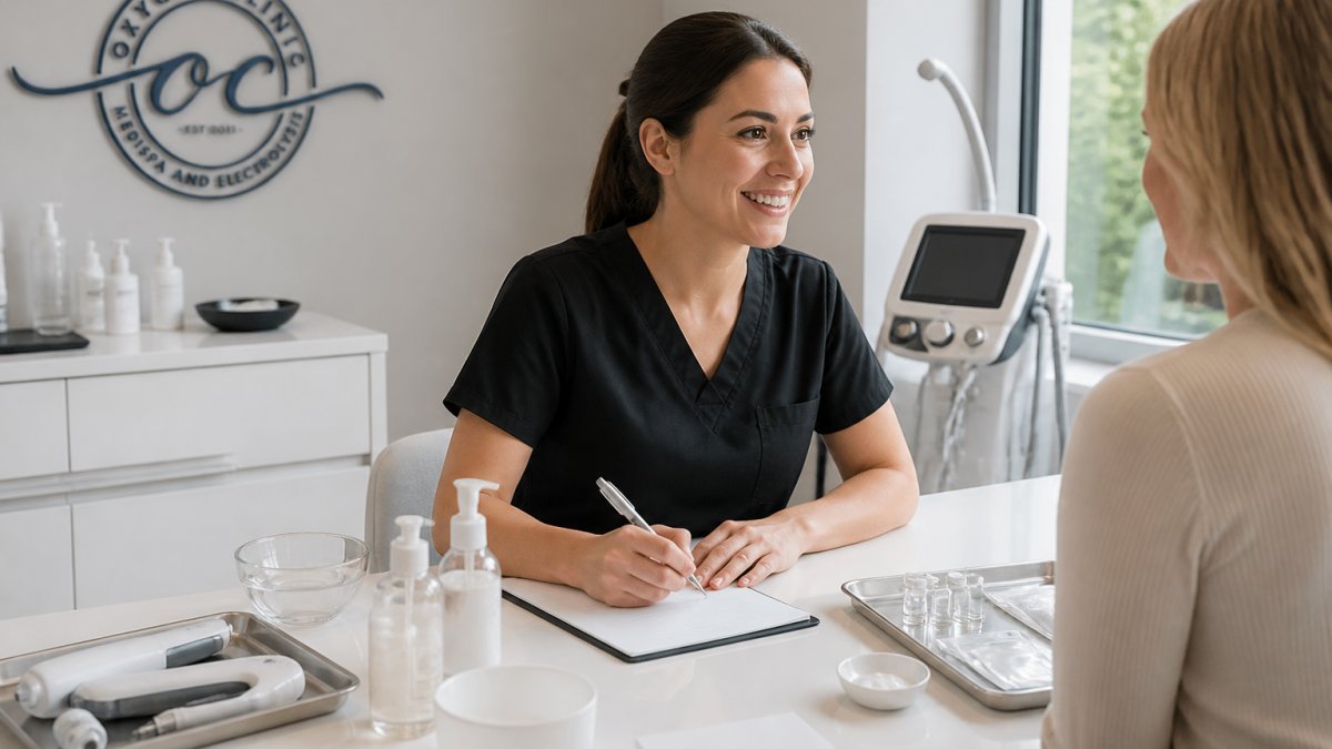 Professional practitioner consulting with client in modern clinical setting with medical equipment and natural lighting