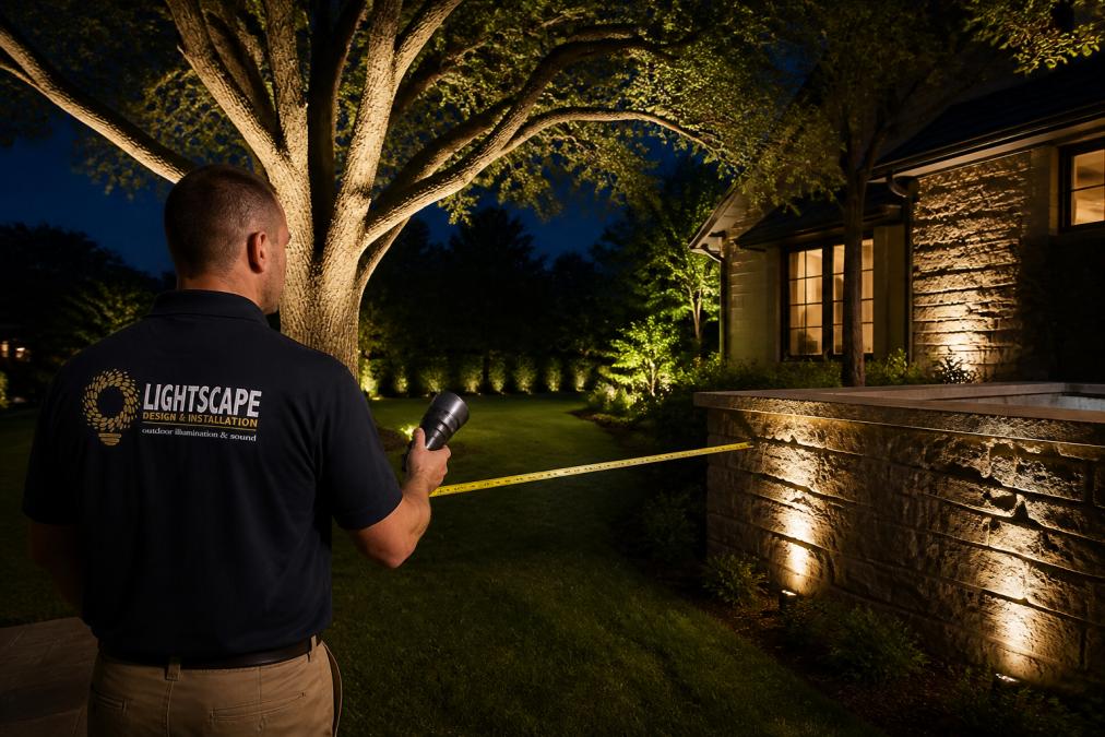 Professional lighting designer conducting evening consultation at residential property, measuring distances with tools, demonstrating uplighting effects on mature oak trees and architectural stone features with handheld fixtures