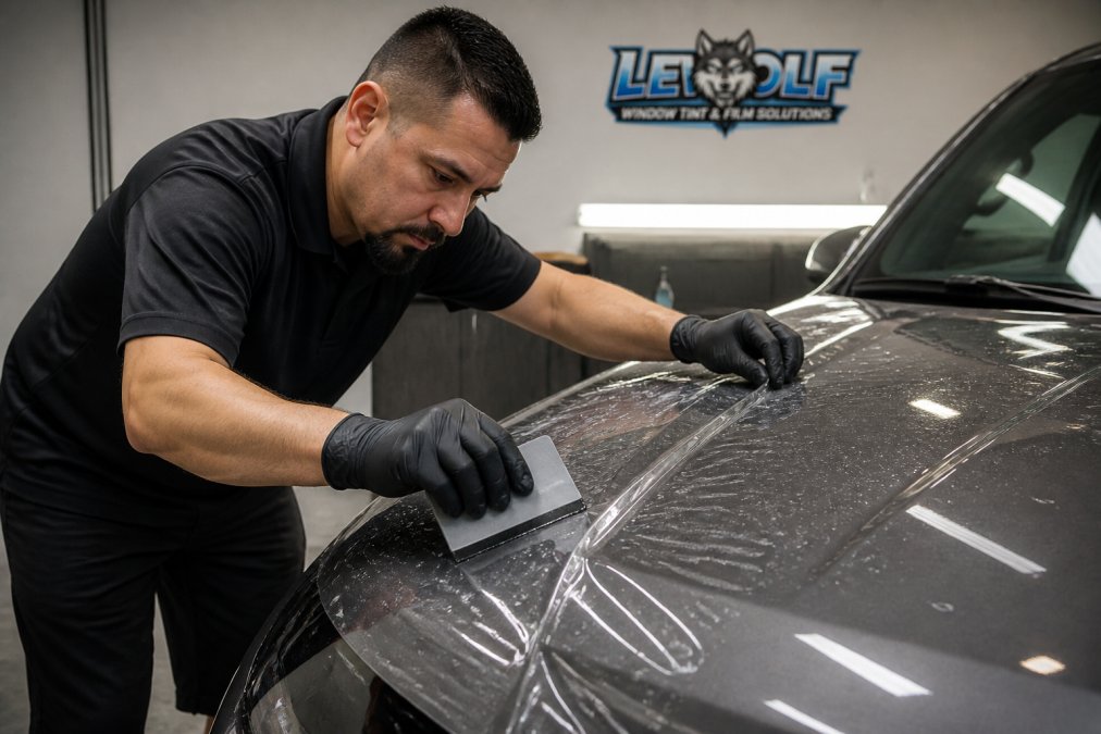 Professional technician carefully applying translucent paint protection film to vehicle hood with precision squeegee tool, wearing protective gloves, showing meticulous attention to edge alignment and bubble removal