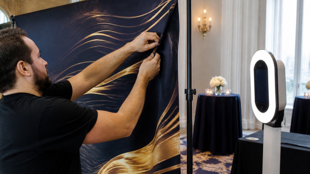 Guests in formal attire enjoying a branded photo booth at a gala when you book professional photo booth for gala services.
