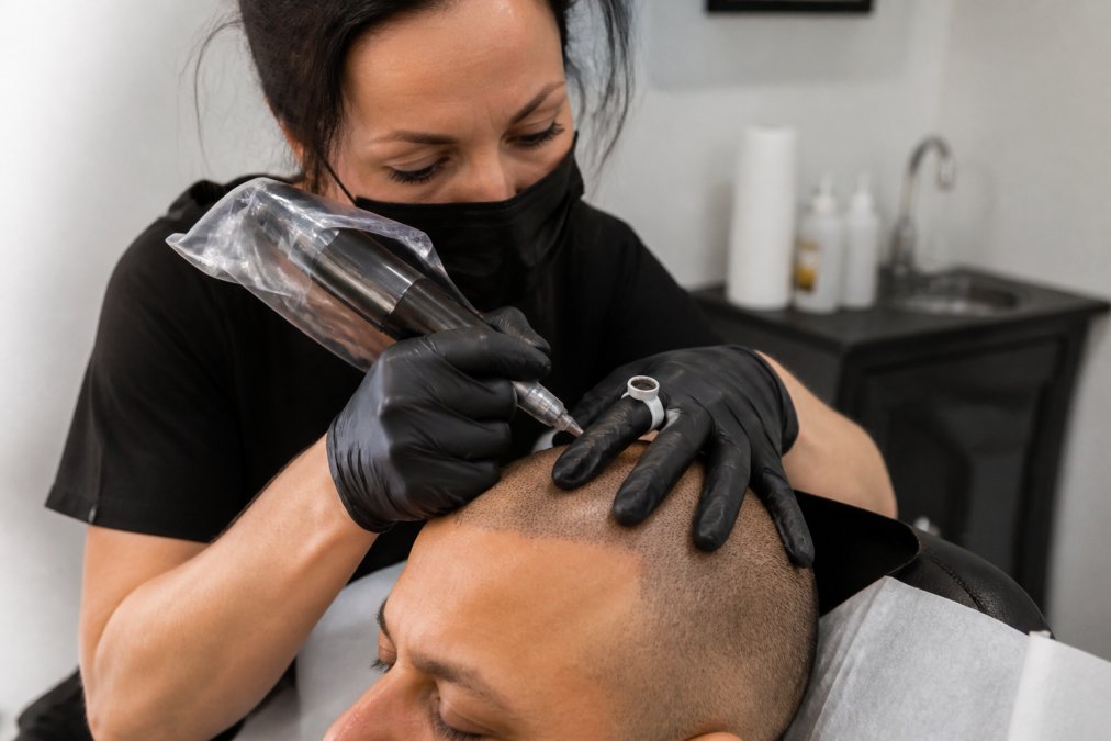 Professional technician performing scalp micropigmentation procedure on client's scalp, showing precision handheld device application and natural hairline design in clinical setting with focused lighting
