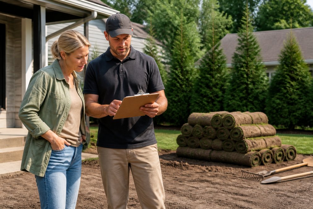 A homeowner and a landscaping professional reviewing a clipboard with project notes in a residential yard, with rolls of fresh sod stacked nearby in the background