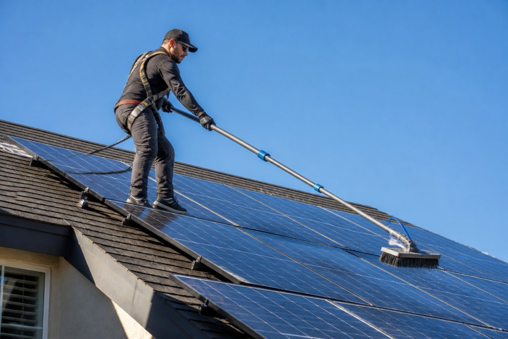 A technician in a safety harness using a soft-bristle brush and a water-fed pole with deionized water on a residential rooftop solar array, with a clear blue sky in the background