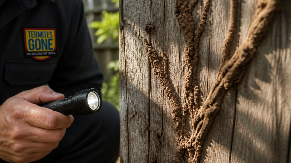 Close-up of distinctive brown termite mud tubes on weathered timber post in garden, showing intricate tunnelling patterns with morning light casting shadows
