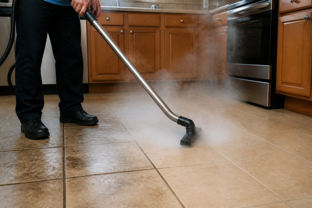 Professional using a steam wand for a tile cleaning service on kitchen floors