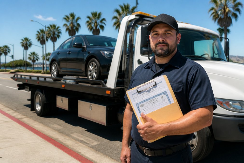 Professional tow truck driver in uniform standing beside a clean flatbed tow truck on a sunny San Diego street, with business license and insurance documents visible on clipboard