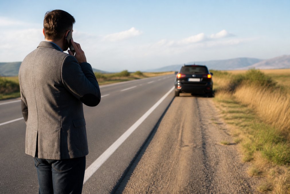 Driver standing safely on the shoulder of a highway away from traffic, phone in hand, hazard lights visible on their disabled vehicle in the distance