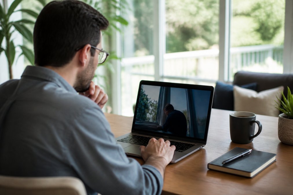Homeowner on a laptop or tablet in a bright home office setting, reviewing an online window cleaning booking form with a cup of coffee nearby, natural daylight streaming through windows in the background