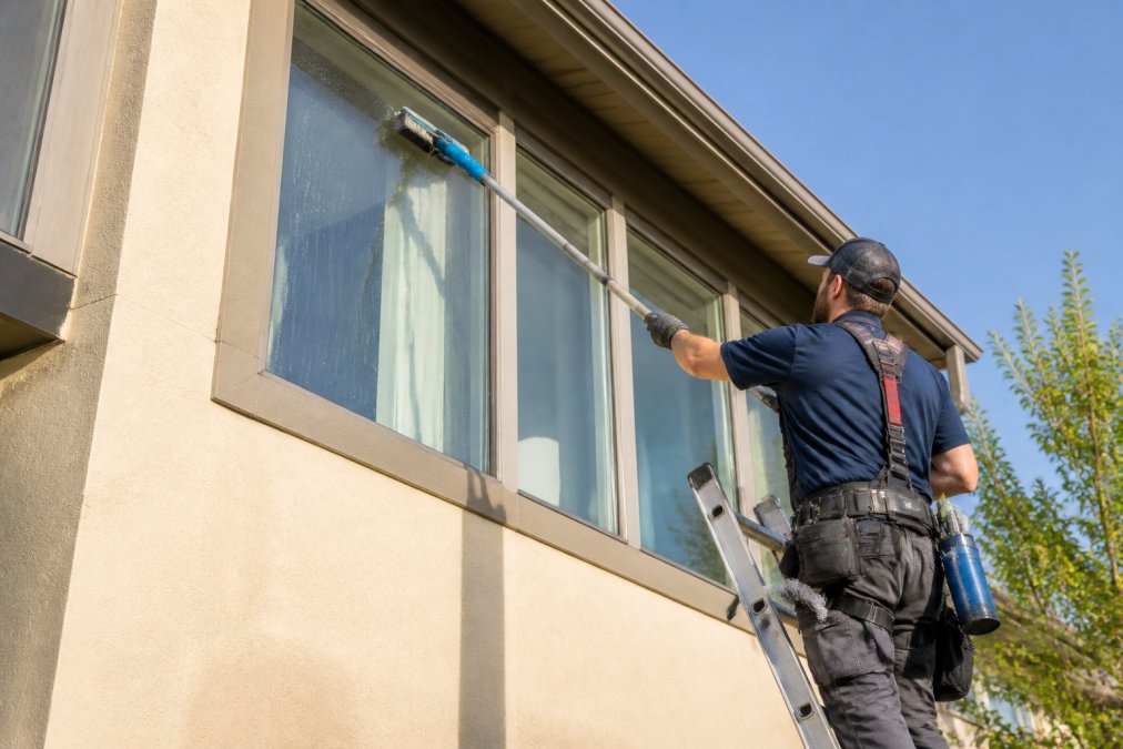 Professional window cleaner using a water-fed pole system and squeegee on residential exterior windows, demonstrating proper technique with safety equipment, on a residential home on a clear day