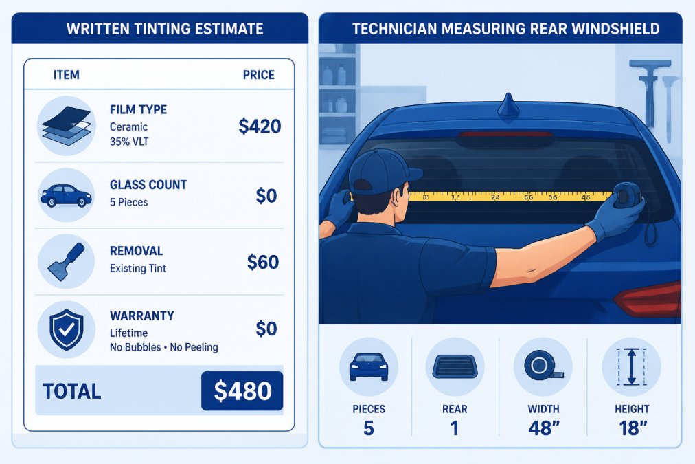 Side-by-side comparison of a written tinting estimate itemizing film type, glass count, removal, and warranty terms next to a technician measuring a rear windshield