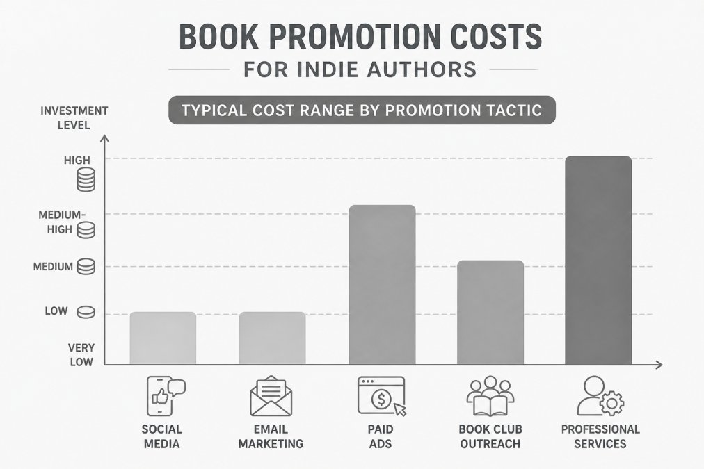 Bar chart comparing relative book promotion costs for indie authors across social media, ads, and professional services.
