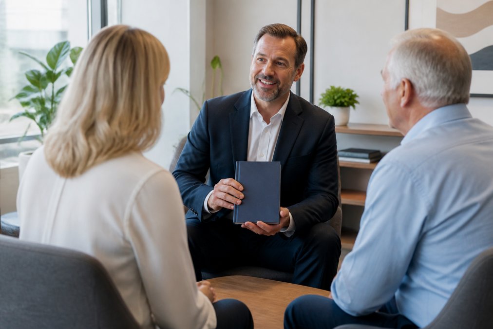Financial advisor in professional attire holding a published book while meeting with clients in a modern office setting with natural light