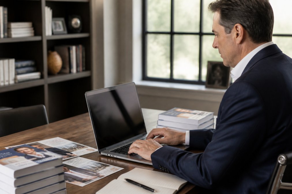 Professional at desk with laptop displaying book cover on screen, with published books and social media promotion materials visible