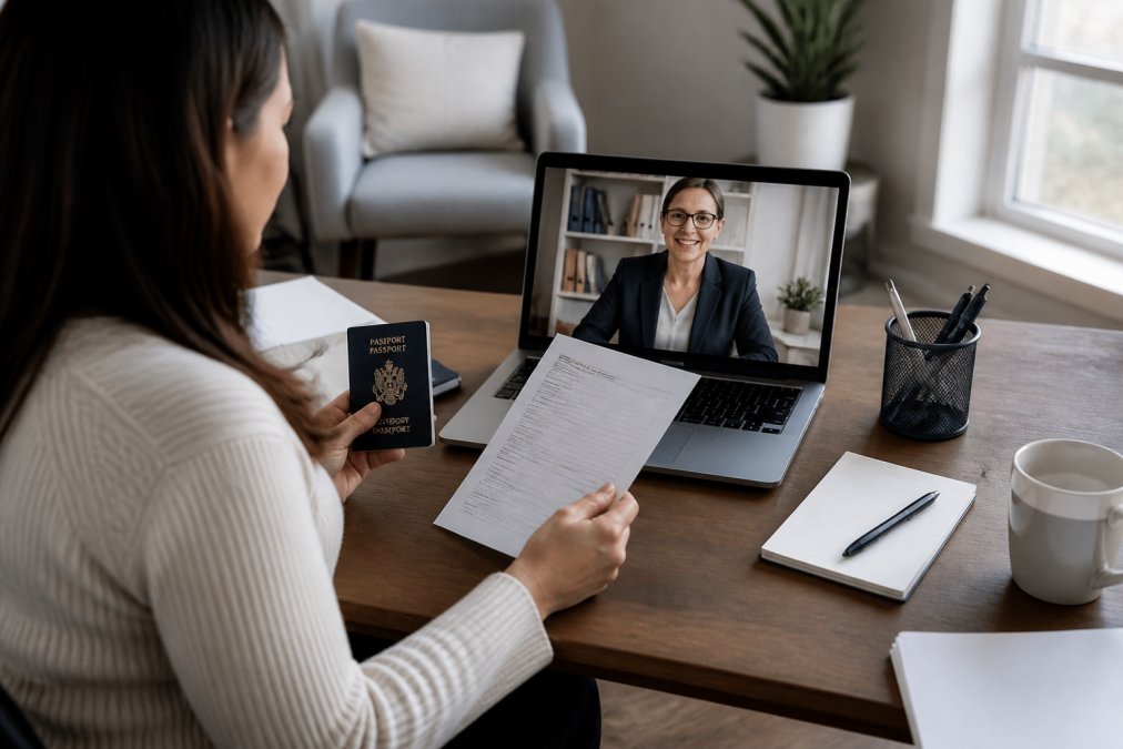 Person using a laptop to book remote notary service Ontario during a video call with a document and passport