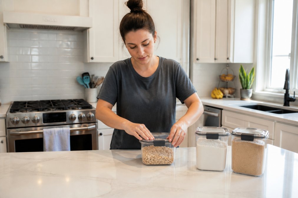 Homeowner clearing kitchen counters and sealing food containers to prepare for residential pest control service