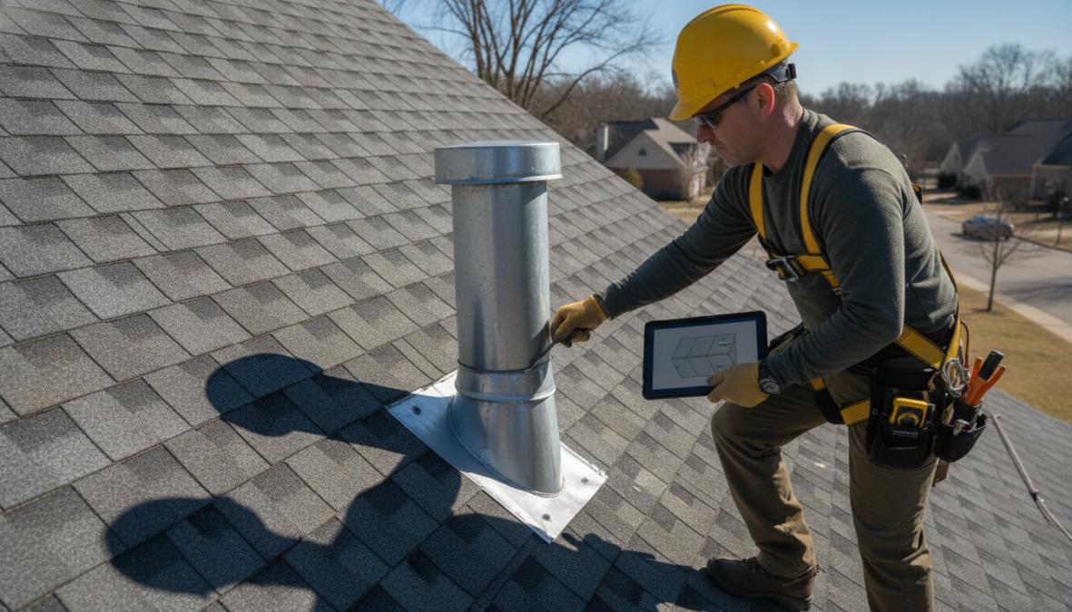 Certified roof inspector in safety harness and hard hat examining shingles and flashing on residential roof in bright daylight, using moisture meter