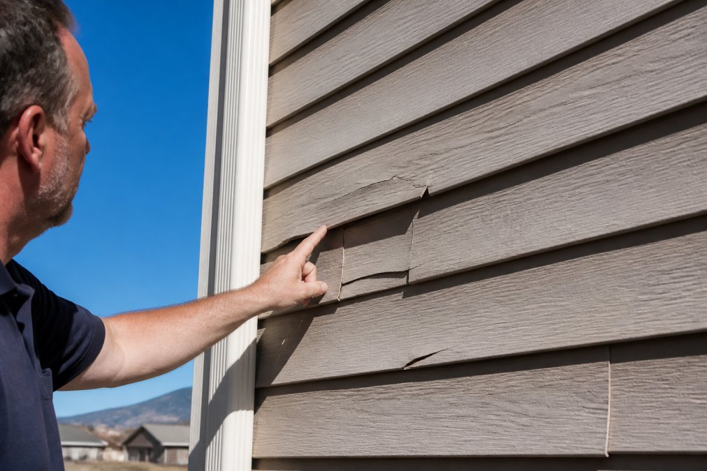 Close-up of a homeowner's hand pointing at cracked and warped siding panels on an exterior wall, clear blue Nevada sky in the background
