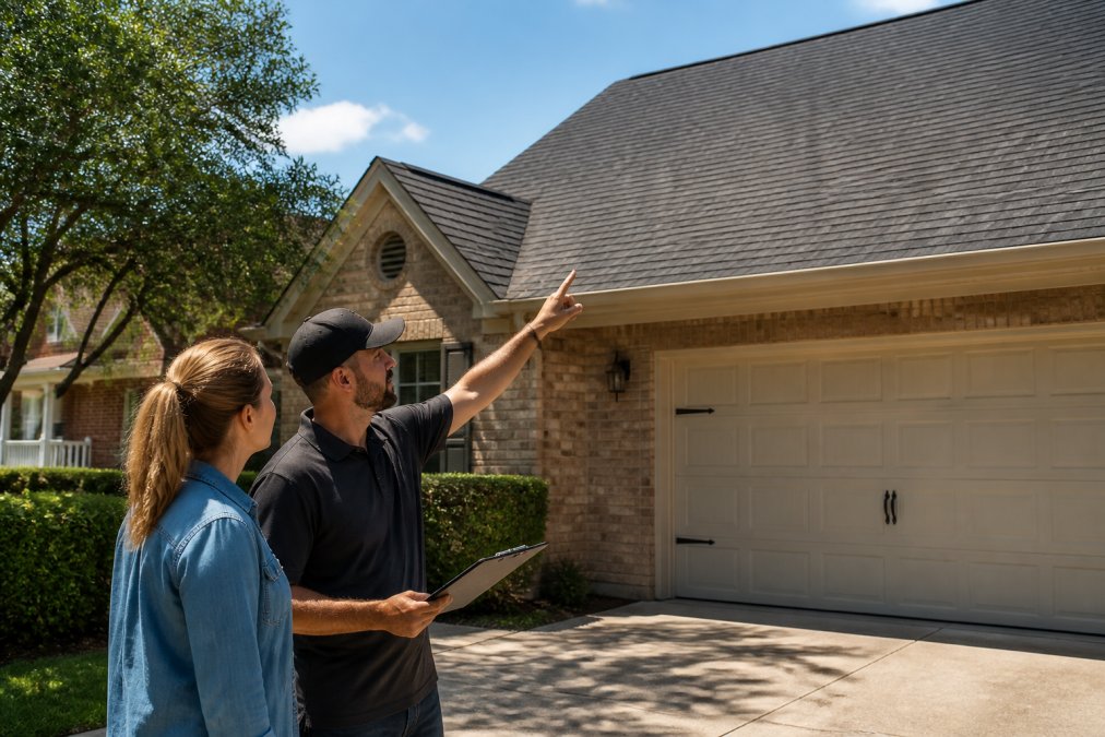 Homeowner and contractor reviewing a clipboard before a roof restoration service on a sunny day