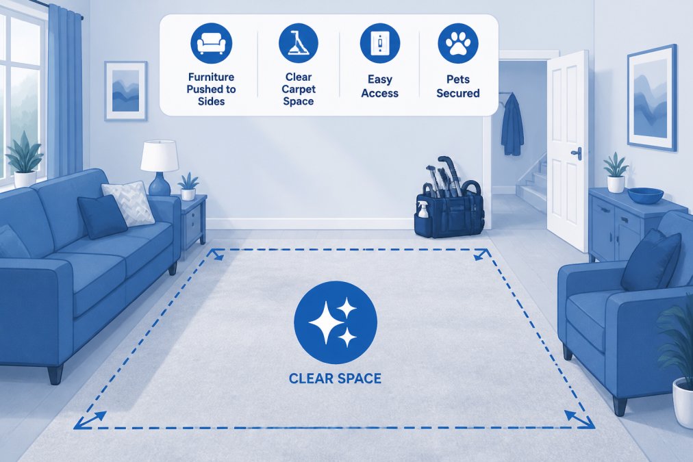 Living room with furniture pushed to the sides and clear carpet space, a professional equipment bag visible in the background, showing a home prepared for carpet cleaning