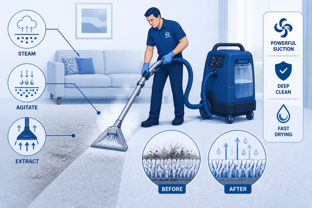 Professional technician using industrial-grade steam cleaning equipment on a domestic carpet, with visible water extraction and deep cleaning in action, showing the power of professional machinery
