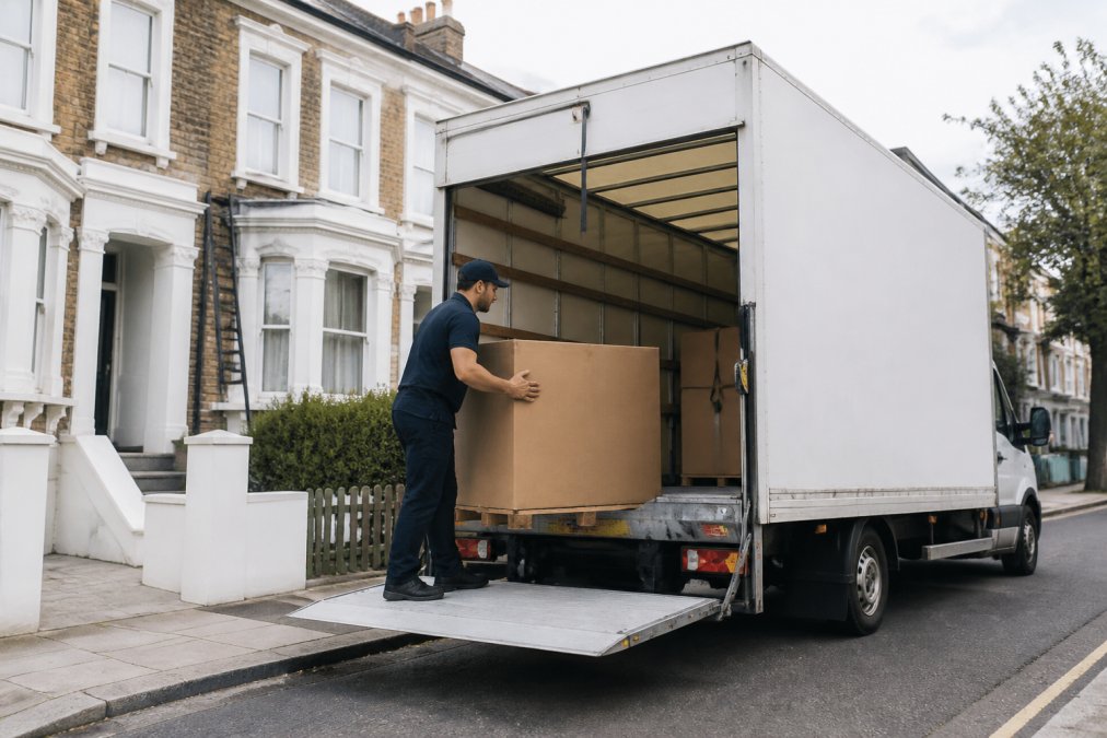 Courier in uniform loading a package into a Luton van for a same day courier delivery service