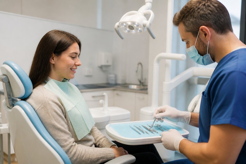 Patient sitting in modern dental chair with dentist preparing sterile instruments and equipment on organized tray for examination