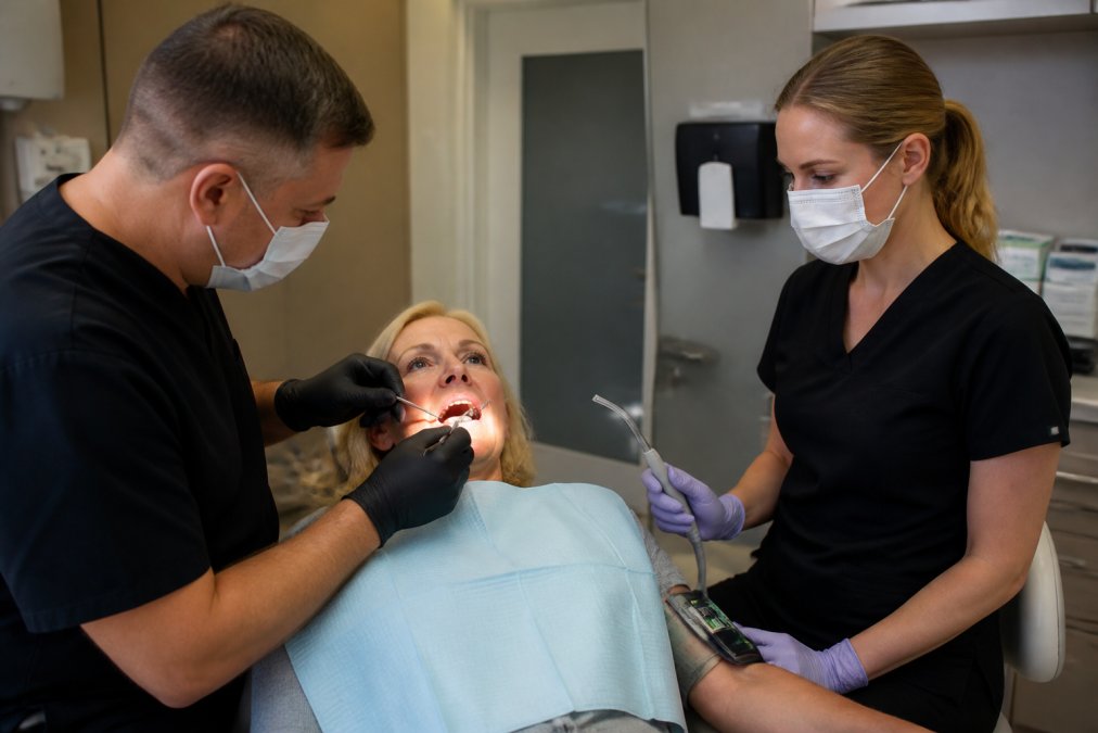 Dentist performing clinical examination with specialized dental tools while patient relaxes in chair wearing protective bib, with assistant monitoring vital signs