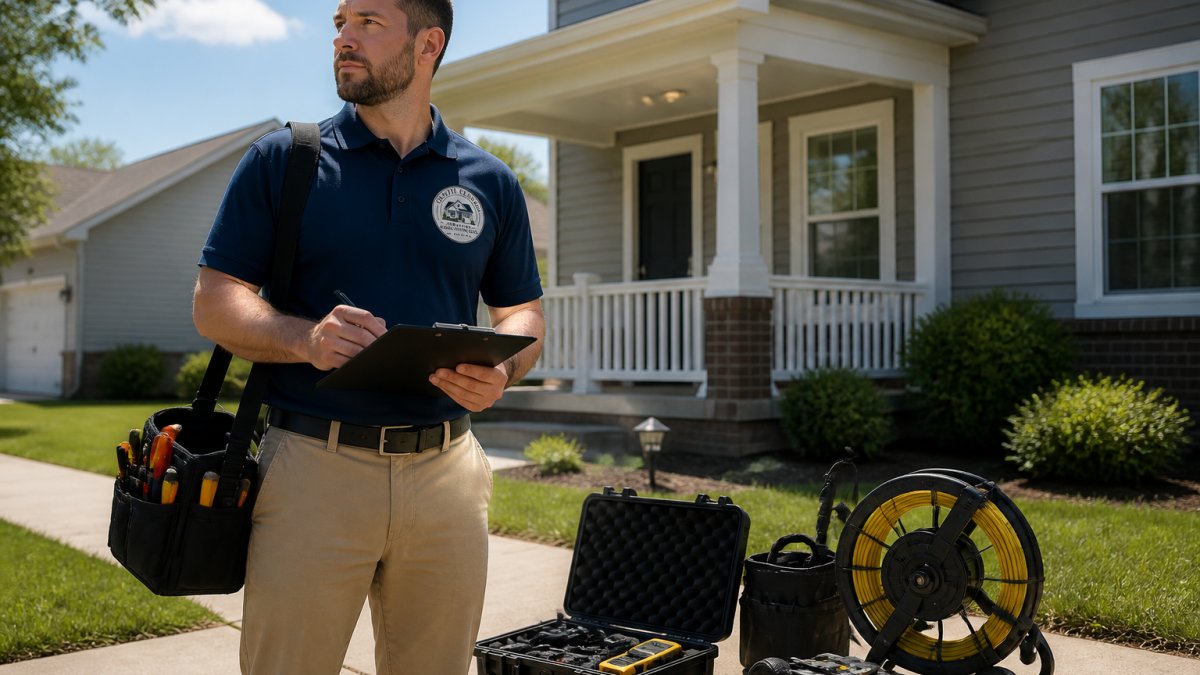 Professional home inspector in branded gear standing outside a residential home with inspection equipment and clipboard, ready to begin an inspection