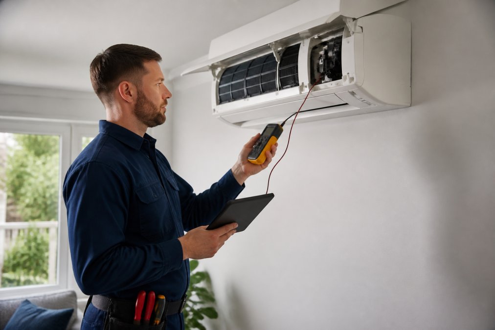 Licensed HVAC technician in work uniform inspecting an indoor air conditioning unit mounted on wall, using digital diagnostic equipment and tablet to examine system components, taking detailed notes in a bright residential setting