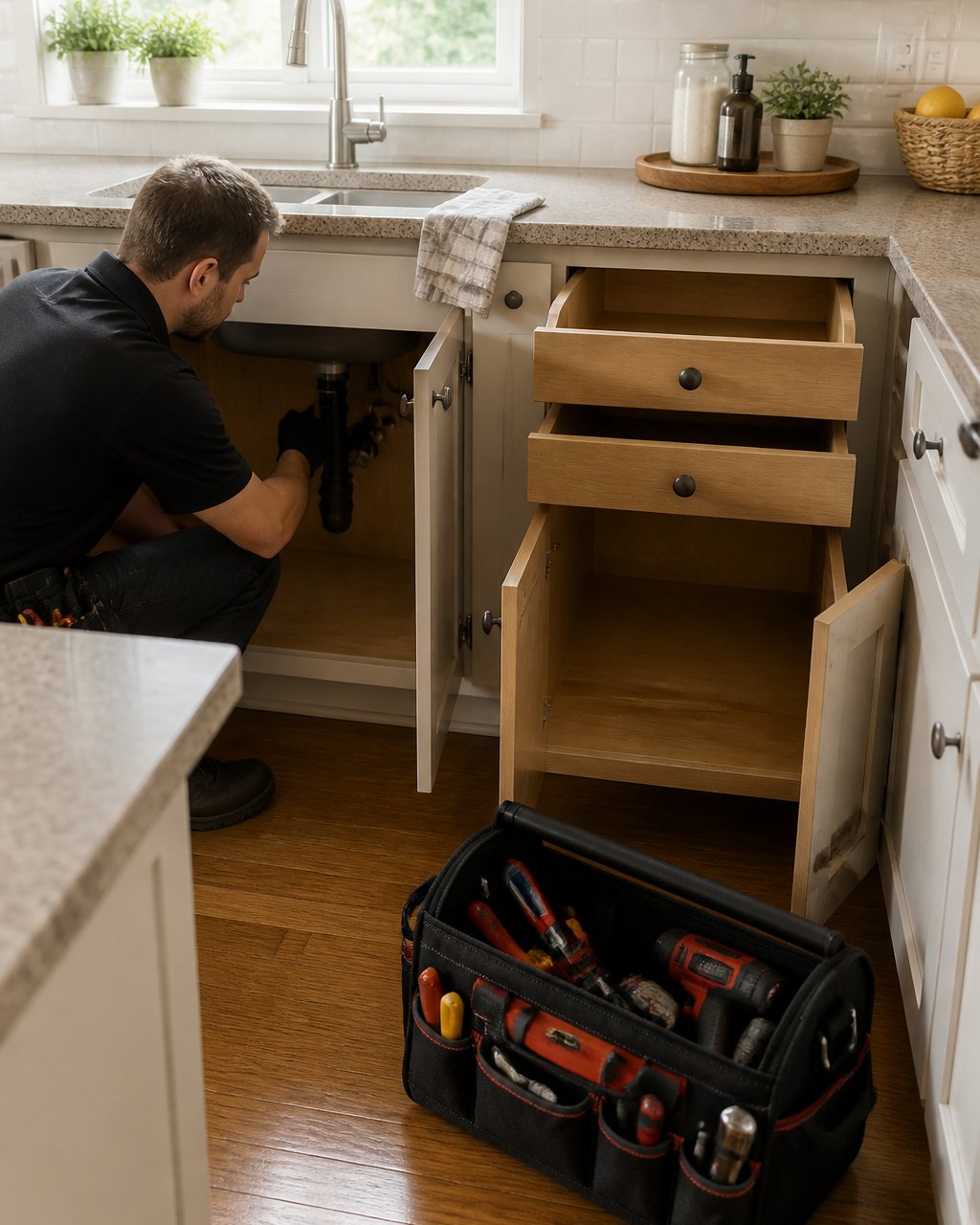Homeowner clearing kitchen countertops and opening cabinet doors to provide clear access for plumbing repair work, with items neatly organized on the counter