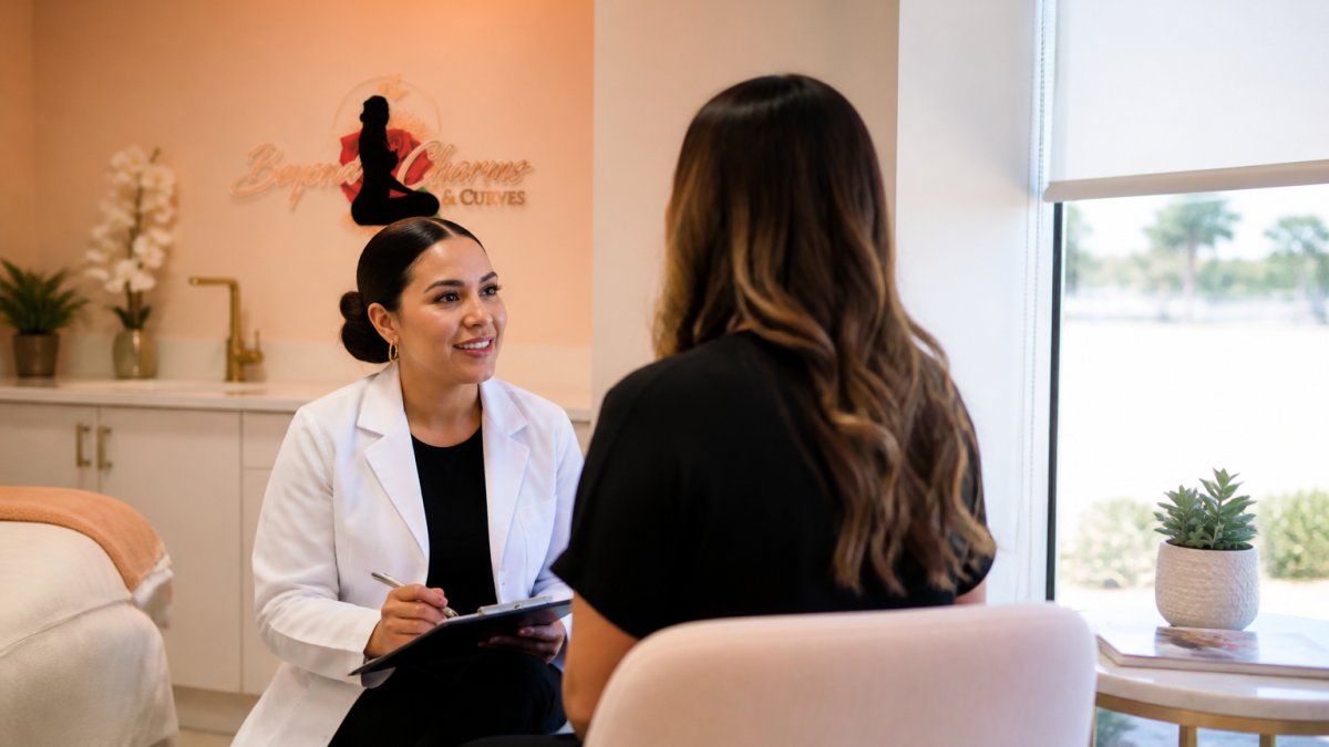 Professional medical spa consultation room with comfortable seating, licensed provider in medical attire discussing treatment options with patient in modern clinical setting with soft lighting