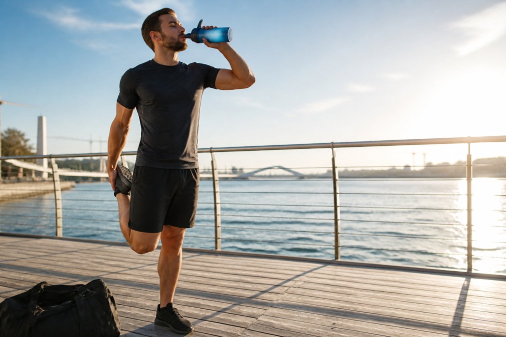 Athlete in athletic wear hydrating with water bottle and performing dynamic stretching in bright natural light before massage appointment
