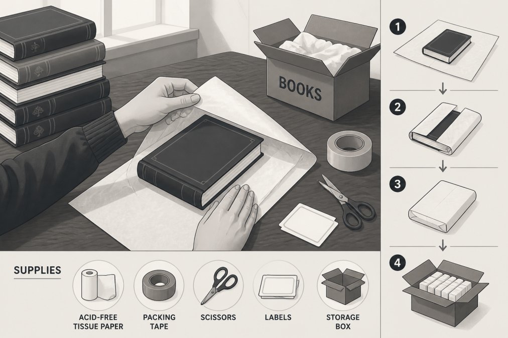 Hands carefully wrapping a hardcover book in acid-free tissue paper, with stacks of books and packing supplies visible on a wooden table in natural daylight
