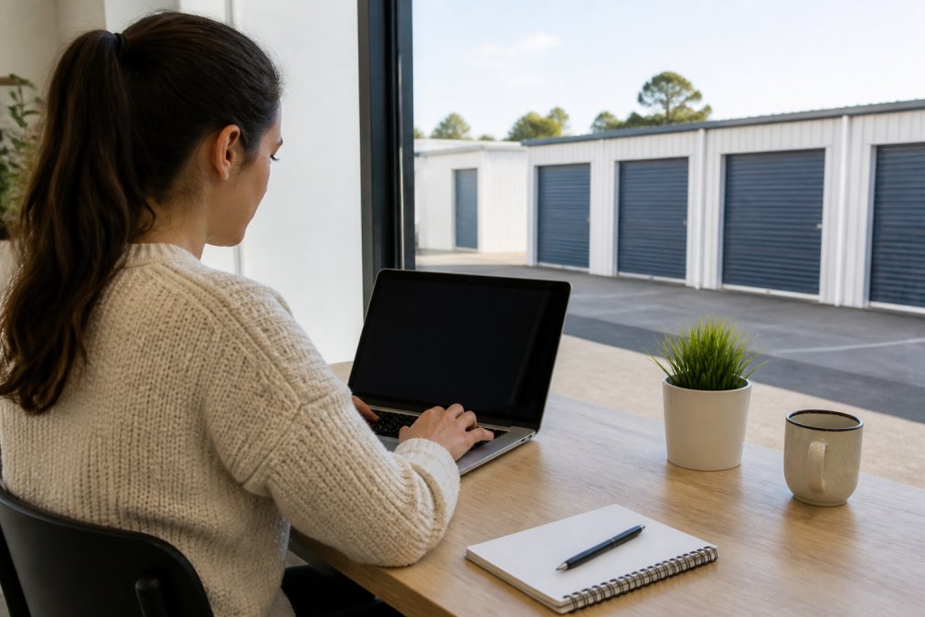 Person using a laptop to complete an online storage unit booking form, with a modern, clean storage facility visible in the background through the window