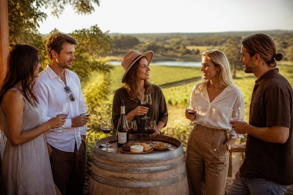 A group of wine enthusiasts gathered around a wooden barrel at a winery cellar door, holding wine glasses with vineyard views in the golden afternoon light