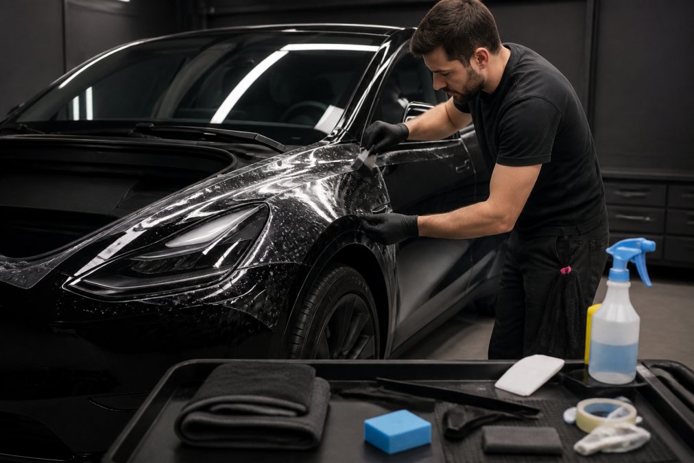 Technician applying clear film to a Tesla hood as you book paint protection service