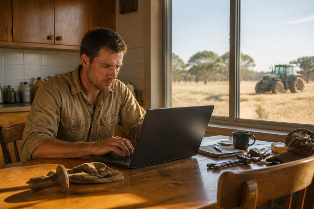 A farmer in dusty work clothes sitting at a wooden kitchen table using a laptop to book a tractor service online, warm afternoon light coming through a window overlooking a dry paddock