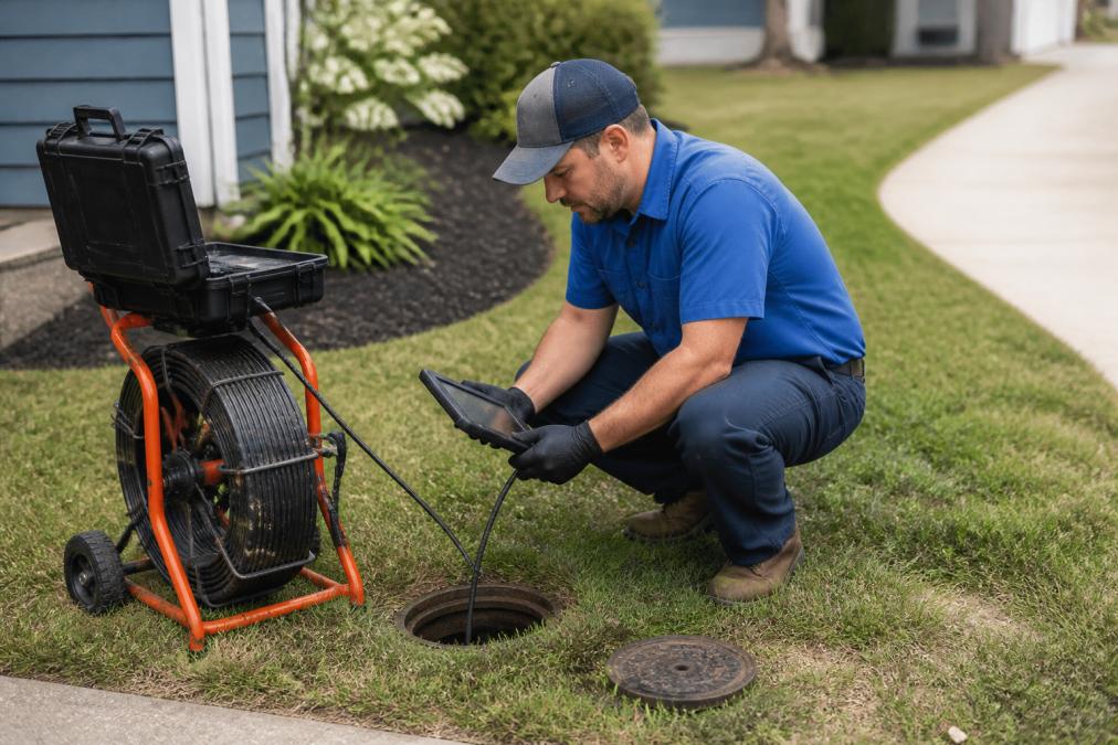 A technician in a uniform kneeling by a cleanout access point, feeding a sewer camera line into the pipe while holding a tablet that displays the live video feed