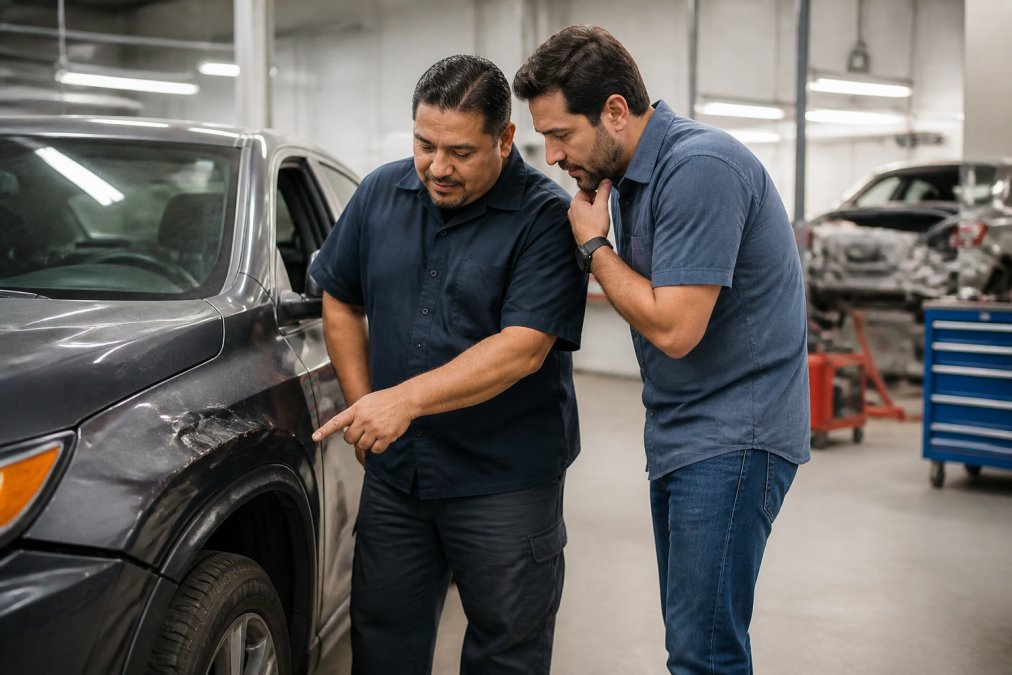 Auto body technician discussing a vehicle body repair plan with a customer near a dented car fender