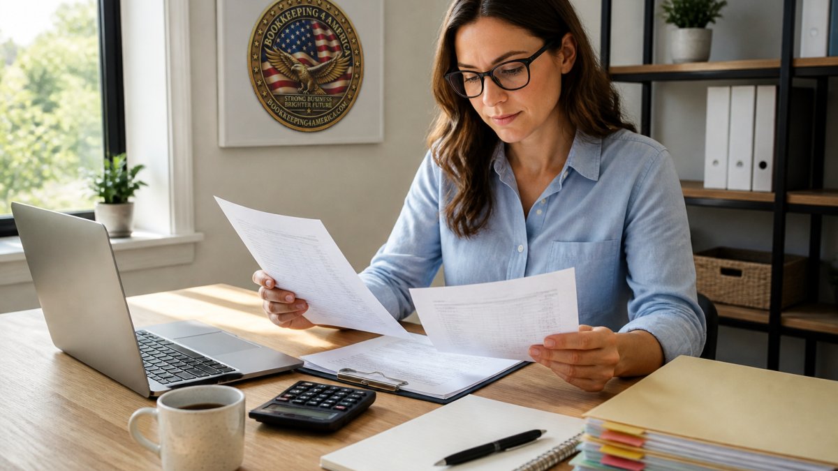 Small business owner reviewing organized financial files provided by virtual bookkeeping services at a bright desk.