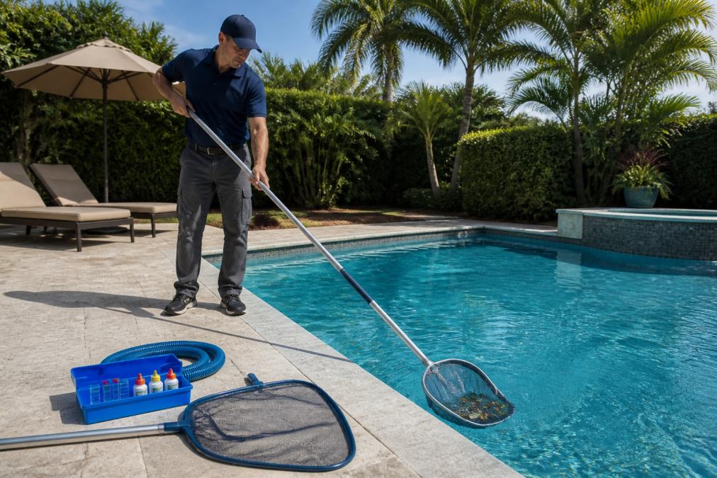A pool technician in a clean uniform skimming debris from a sparkling backyard swimming pool on a sunny day, pool net and test kit visible on the deck