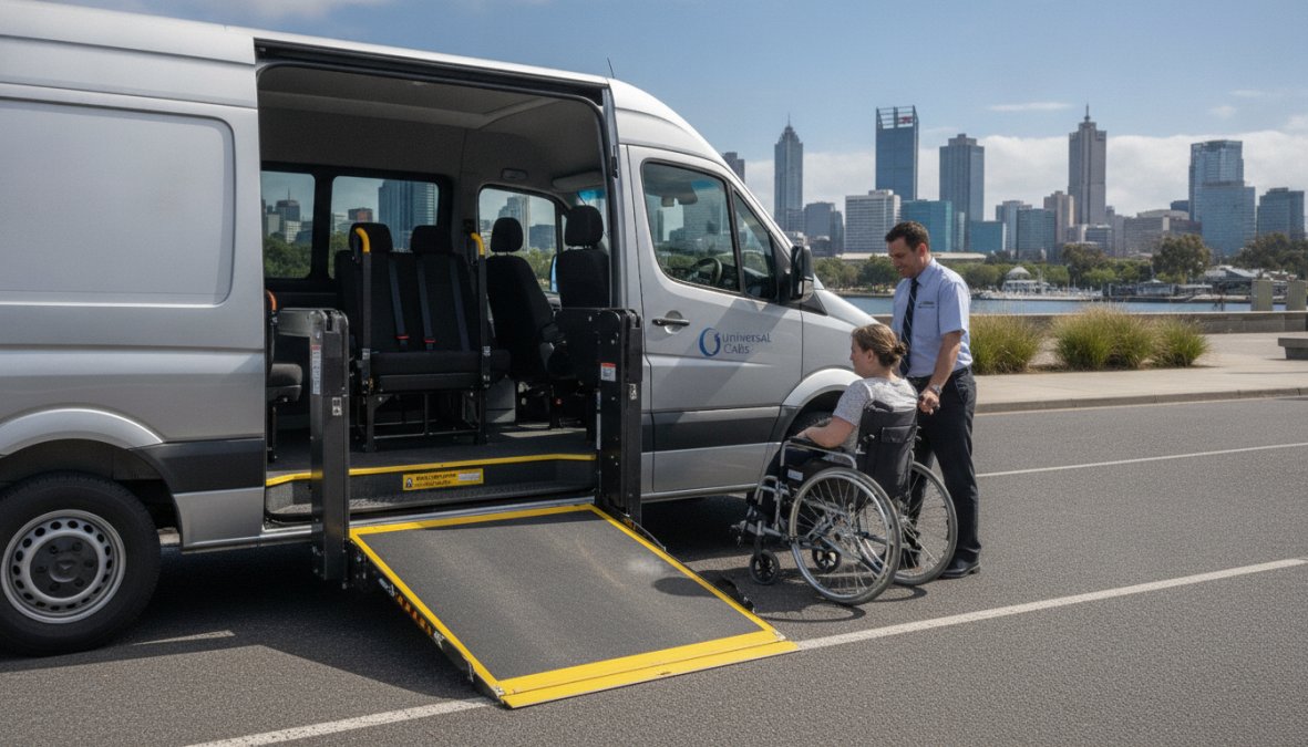 Wheelchair accessible taxi with hydraulic lift extended, ramp deployed, showing accessible interior with securement systems and grab rails visible