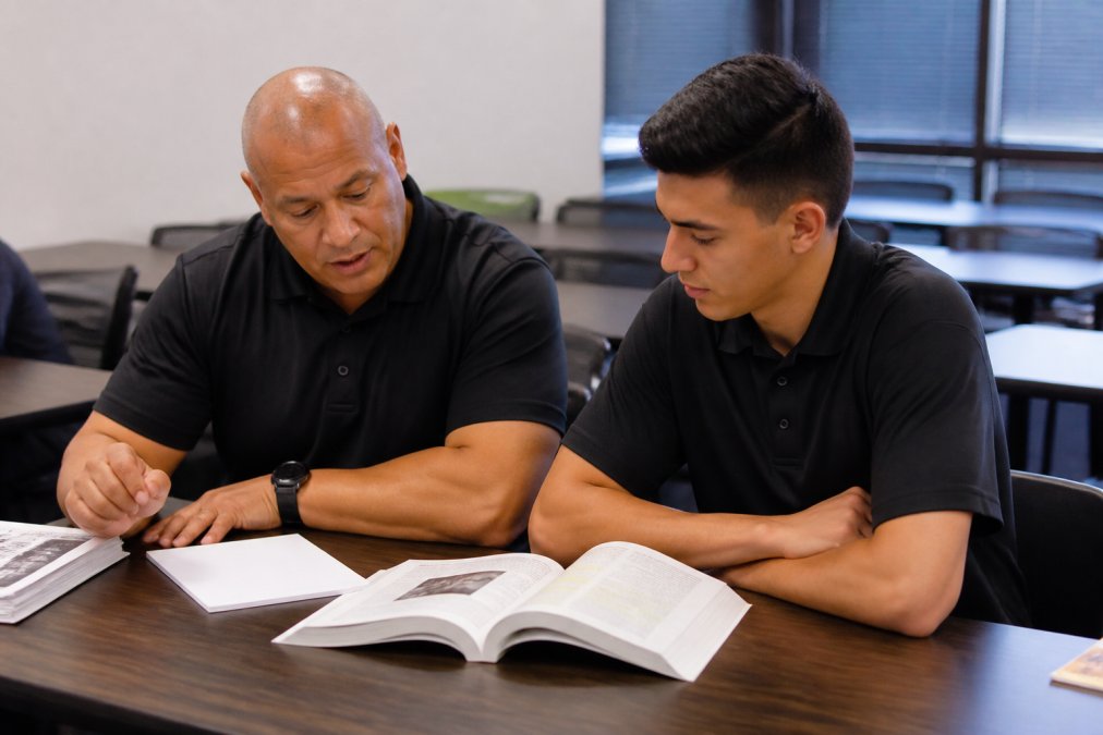 Student completing a 24-hour NJ SORA course with an instructor at a desk in a professional training facility
