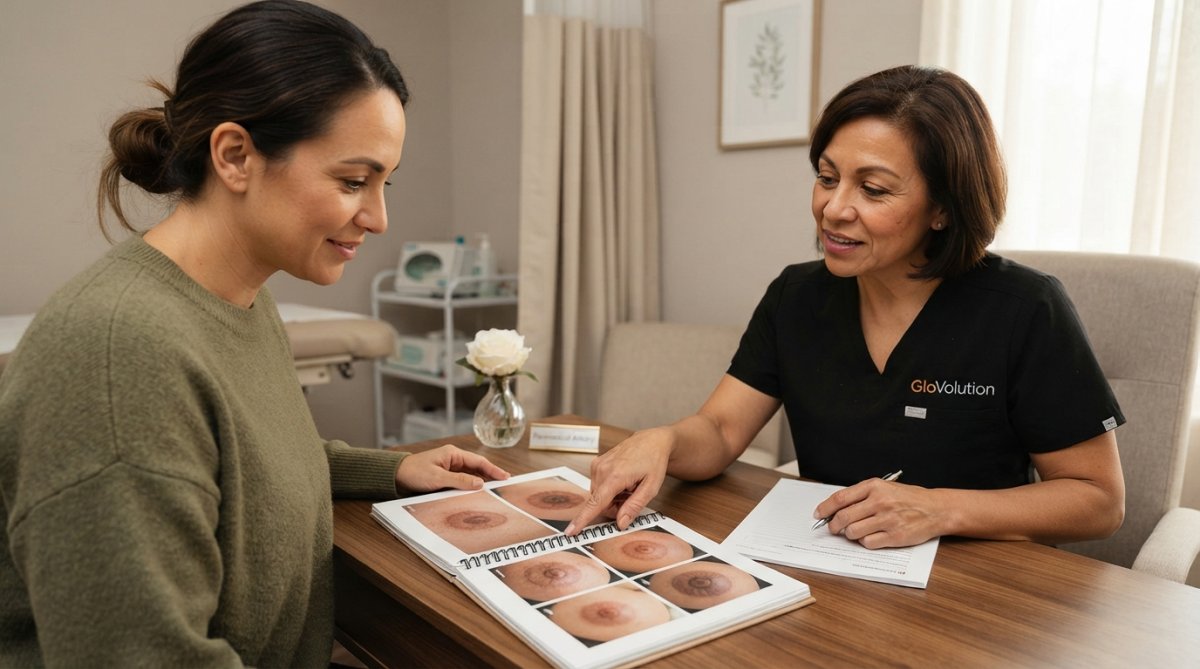 Woman in private clinical consultation room reviewing before-and-after portfolio images with certified paramedical tattoo artist at professional consultation desk with soft lighting