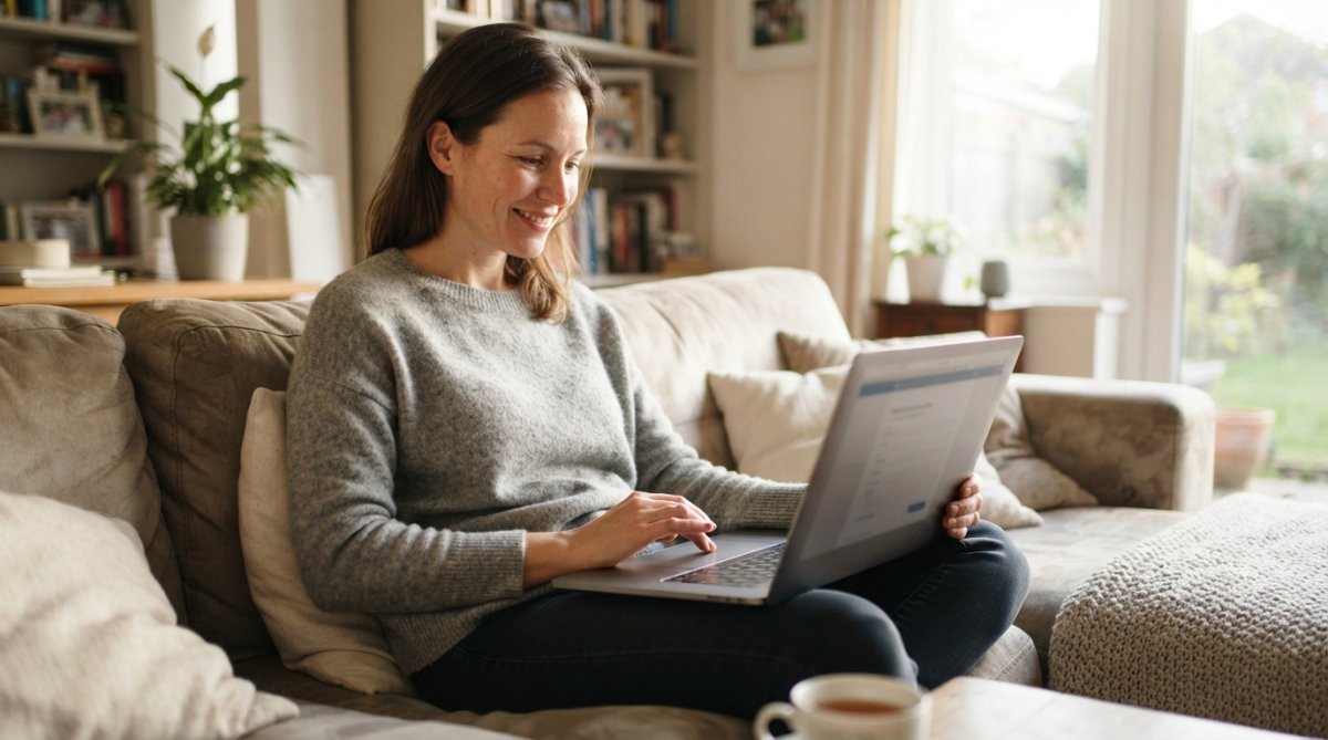 Woman at home on comfortable couch with laptop, relaxed expression, scheduling appointment online in natural afternoon light coming through window