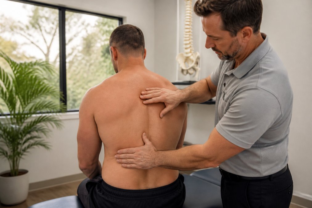 Healthcare practitioner performing a clinical assessment on a patient's back in a modern, clean medical treatment room with natural lighting