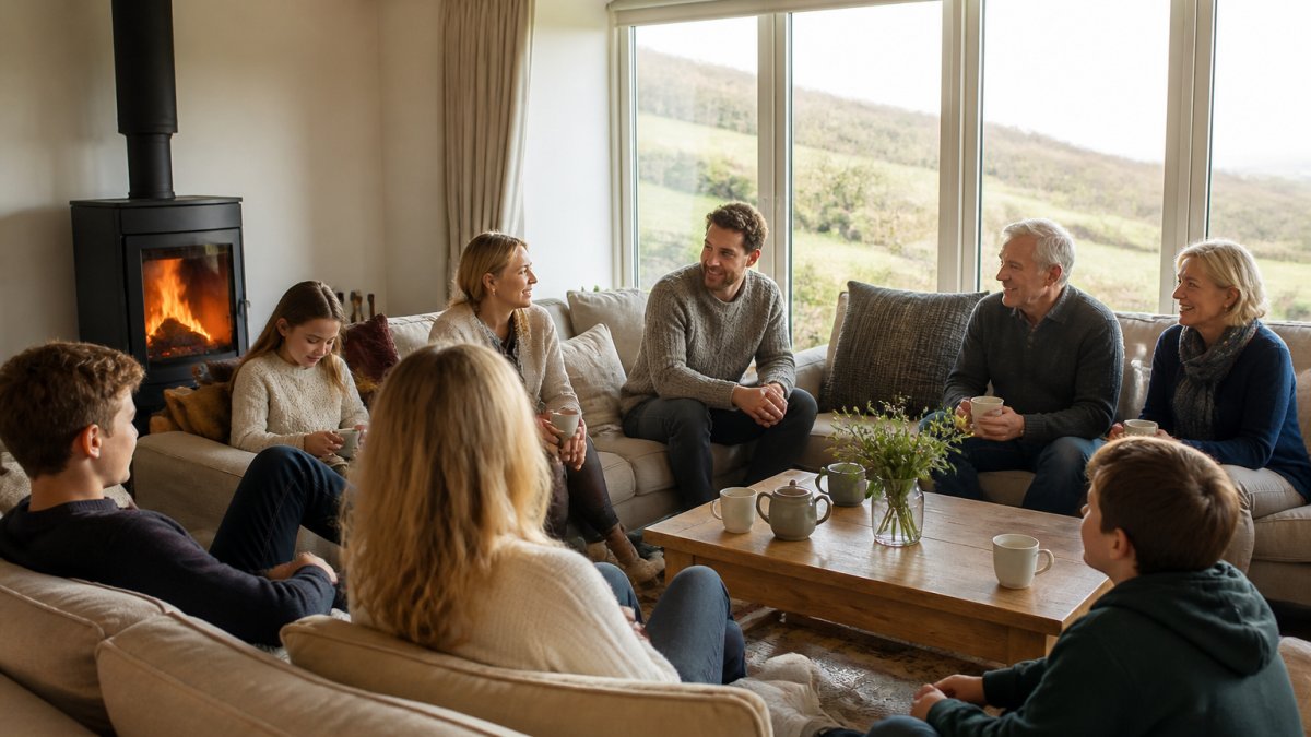 Multi-generational family relaxing in a spacious, bright countryside living room with countryside views through large windows, a log burner visible, comfortable seating arranged for group gatherings, natural afternoon light streaming in