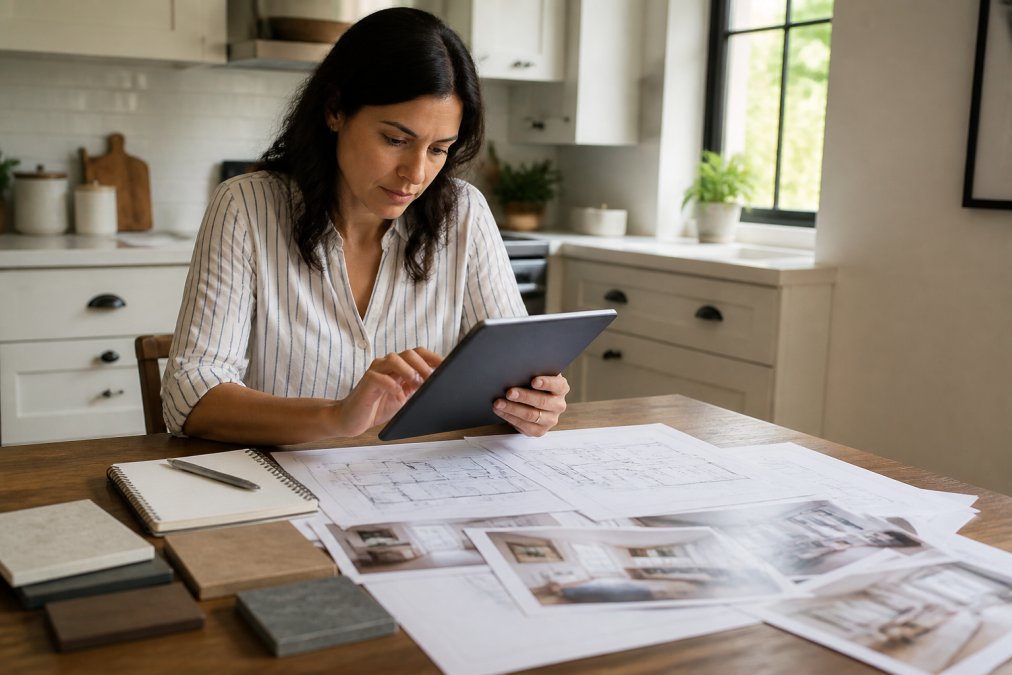 Homeowner sitting at a kitchen table with floor plans, design inspiration photos, and renovation documents spread out, reviewing notes on a tablet with natural sunlight streaming through the window