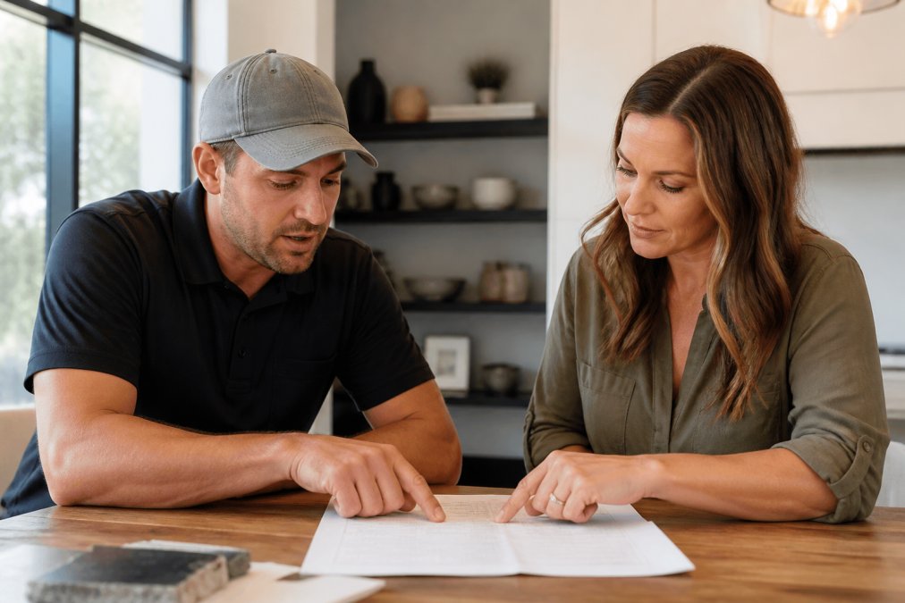 General contractor and homeowner reviewing a detailed construction proposal document together at a modern home office desk, both pointing at specific details on the paper with natural light from nearby windows